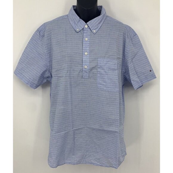 Tommy Hilfiger Shirt Extra Large Blue Stripe Collar Button Short Sleeve Men B71 - Picture 1 of 8
